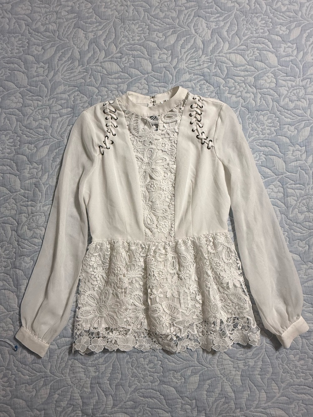 VENUS White Lace Peplum Blouse with Eyelet Front